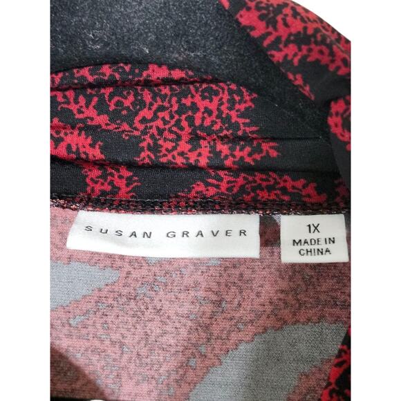 Susan Graver QVC 1X Black mock Neck Blouse Red pattern long sleeve Stretch - Picture 8 of 8